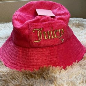 NWT Juicy Couture Bucket Hat, Hot Pink Terry Cloth w/Gold Logo Charm Pocket